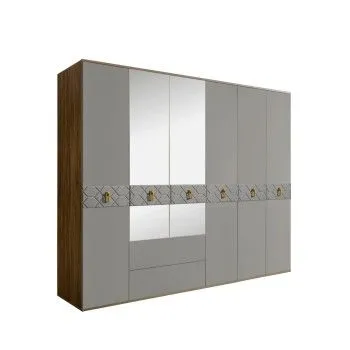 Шкаф 6-ти дверный с зеркалами, с ящиками, Bogemia Woodline Fa (Серый/Золото) БМШ1/61(Fa)