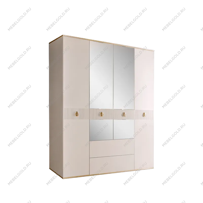 Шкаф 4-х дверный с зеркалом, с ящиками Римини СОЛО (Слоновая кость/Золото) РМШ1/41(s)