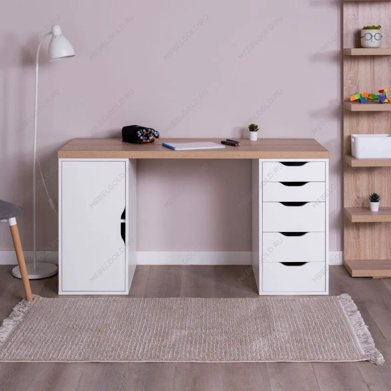 ИНГАР 2/5/ДВ стол письменный 140x75x55, дуб беленый/белый | изображение 3