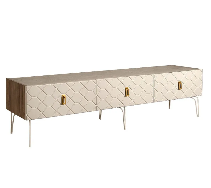 Тумба телевизионная 2.1м Bogemia Woodline Fa (Слоновая кость) (Novabuk/Золото) БМТ-2