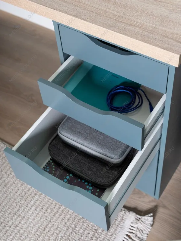 Стол письменный Ингар, 5 ящиков, 140х75х55 см, серо-бирюзовый/черный, столешница дуб беленый | изображение 6