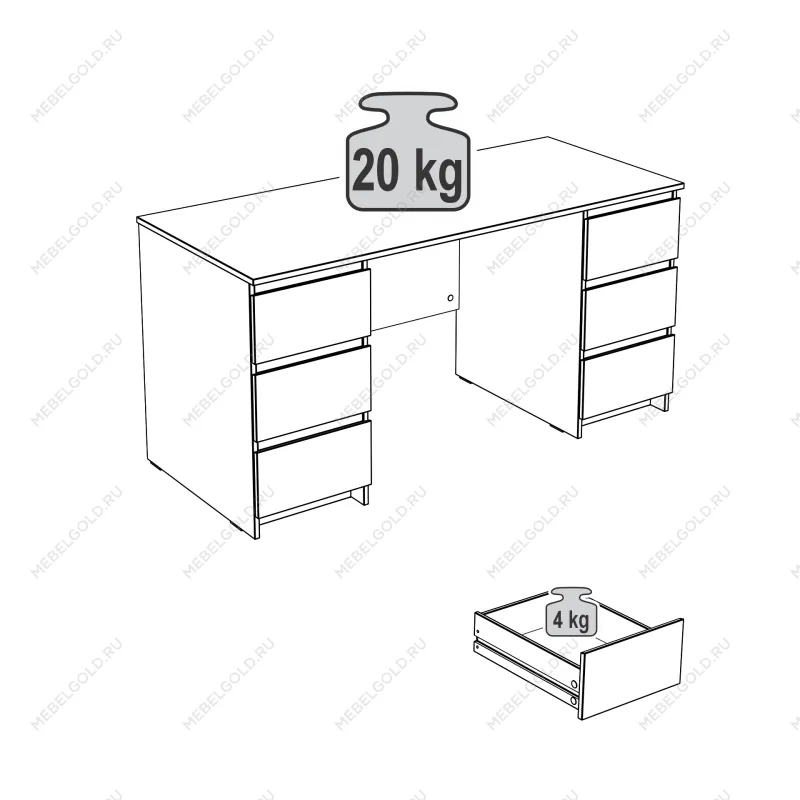 КАСТОР (KULLEN) стол письменный 6 ящиков 151х65 серый | изображение 3