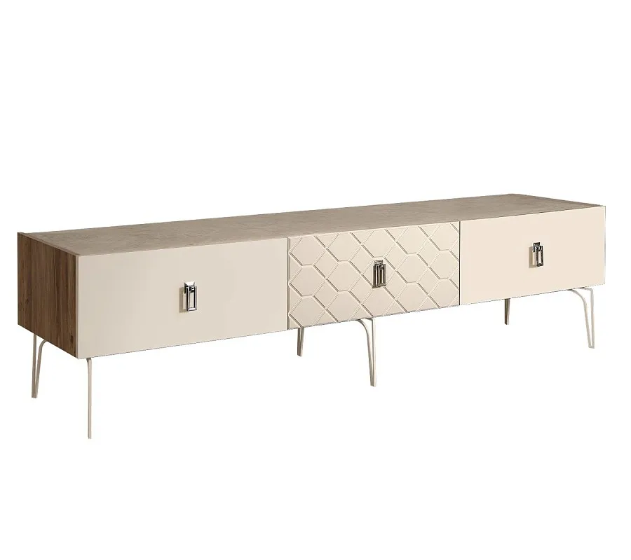 Тумба телевизионная 2.1м Bogemia Woodline Fa (Слоновая кость) (Novabuk/Хром) БМТ-2[10]