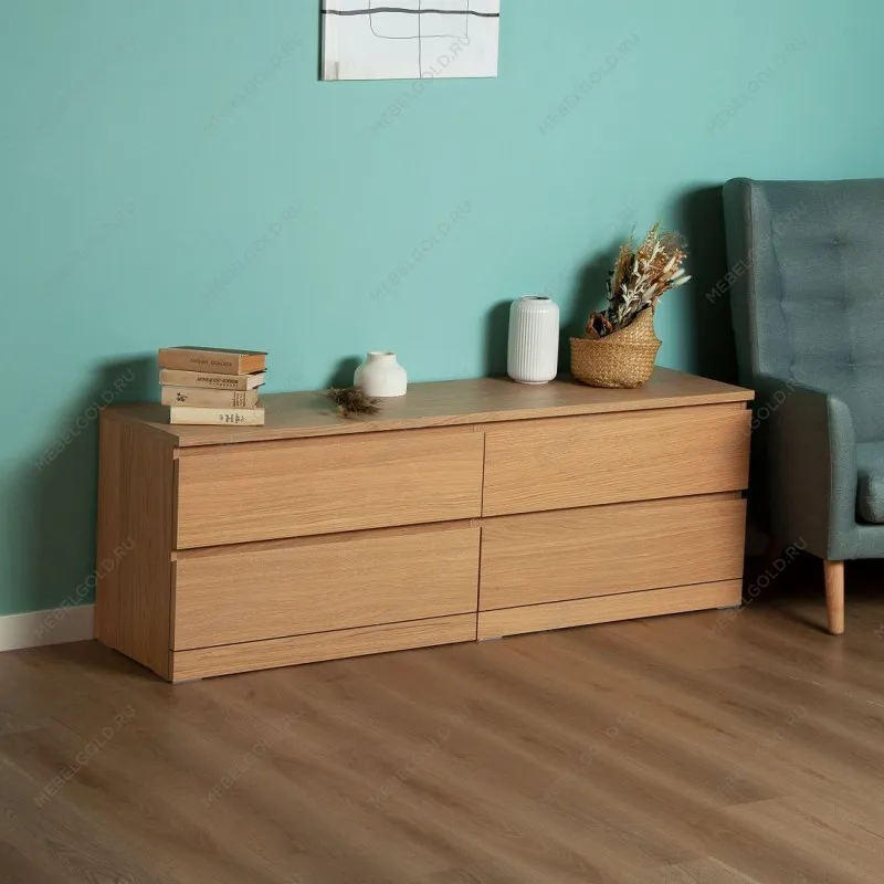 Комод Варма, 4 ящика, горизонтальный, 160х54х40 см, шпон натурального дерева, дуб беленый | изображение 1