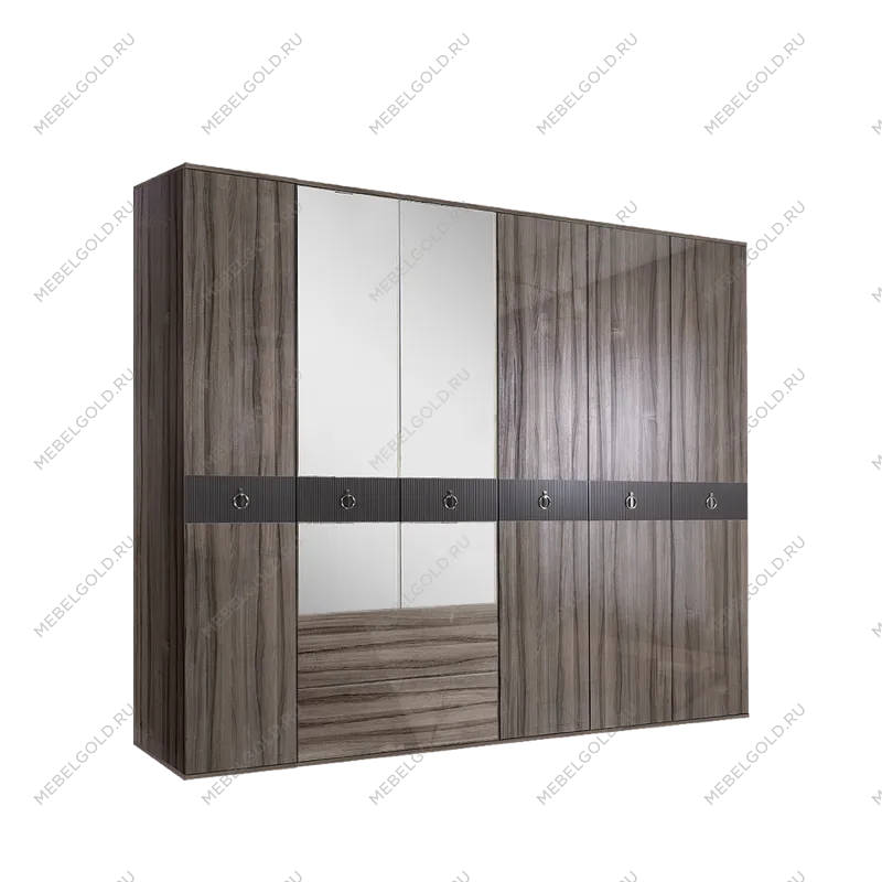 Шкаф 6-ти дверный с зеркалом, с ящиками Римини СОЛО (Орех империя/Серебро) РМШ1/61(s)