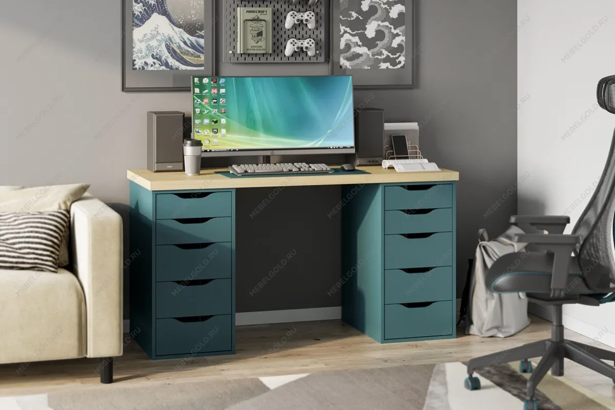 Стол письменный Ингар, 10 ящиков, 140х75х55 см, серо-бирюзовый, столешница дуб беленый | изображение 8