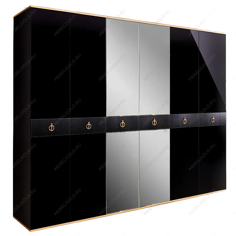 Шкаф 6-ти дверный с зеркалом Римини СОЛО (Черный/Золото) РМШ1/6(s)