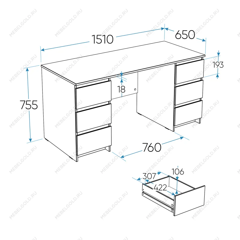 КАСТОР (KULLEN) стол письменный 6 ящиков 151х65 серый | изображение 2