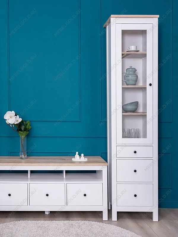 Шкаф с витриной Сага, 50х41х215 см, белый/ясень | изображение 1