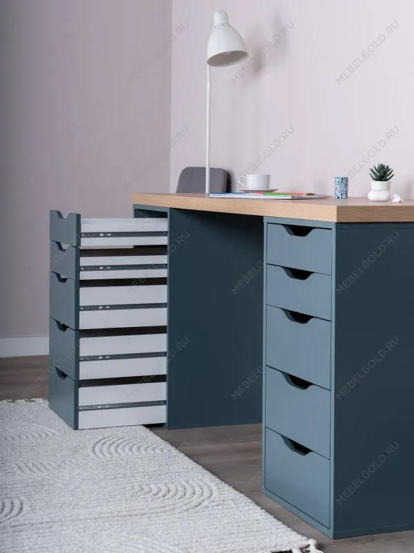 Стол письменный Ингар, 10 ящиков, 140х75х55 см, серо-бирюзовый, столешница дуб беленый | изображение 4