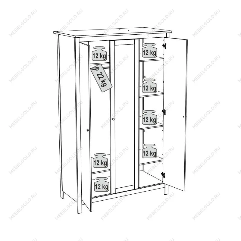 Шкаф распашной Сага, 3 двери, 132х64х215 см, белый/ясень | изображение 11