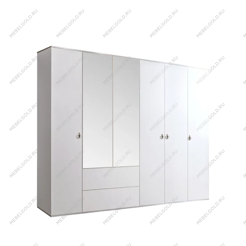 Шкаф 6-ти дверный с зеркалом, с ящиками Римини (Белый/Серебро) РМШ1/61