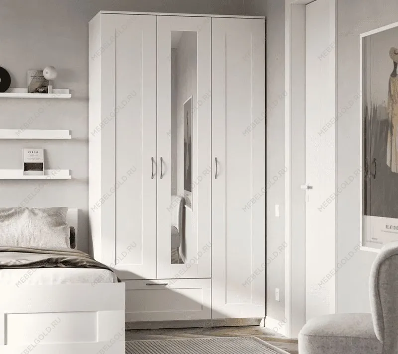 БРИМНЭС / СИРИУС Шкаф трёхдверный ИКЕА / IKEA белый с одним выдвижным ящиком и зеркалом | изображение 4
