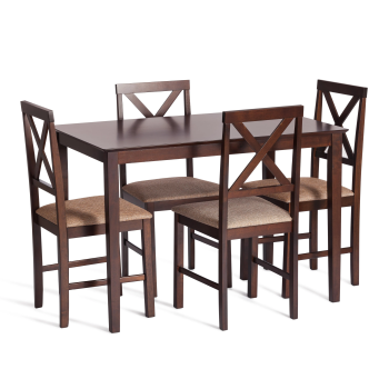 Обеденный комплект Хадсон (стол + 4 стула)/Hudson Dining Set, дерево гевея/мдф, стол: 110х70х75см / стул: 44х42х89см, cappuccino (темный орех), ткань кор.-зол. (1