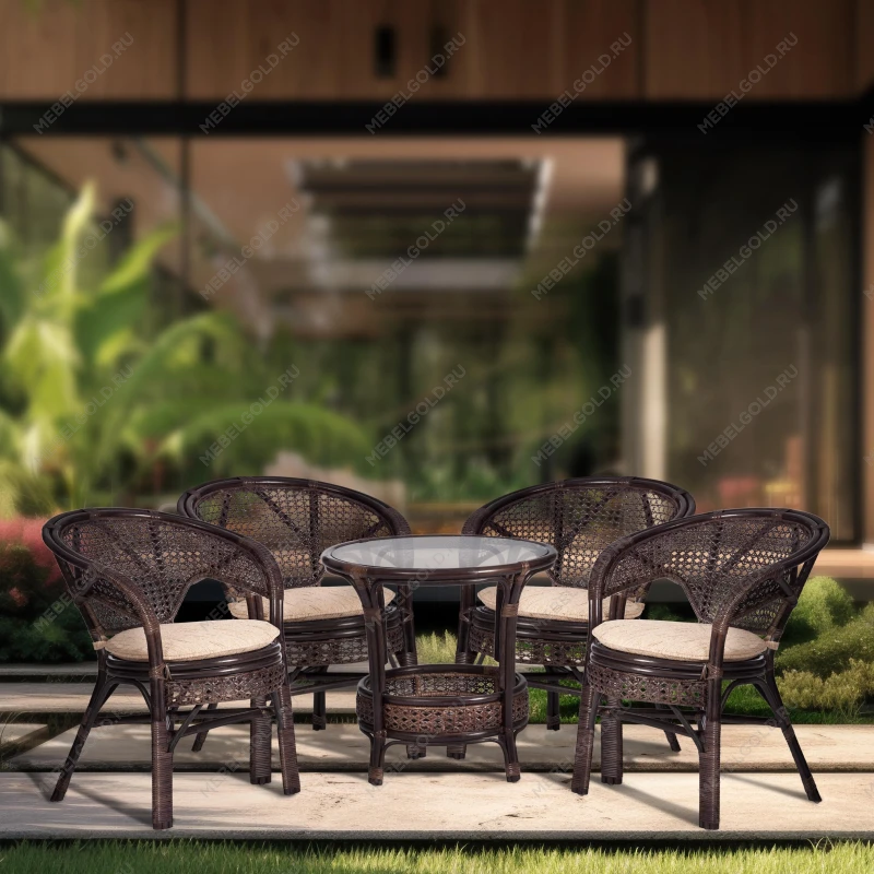 Комплект PELANGI 02/15 ( стол со стеклом + 4 кресла ) [с подушками], ротанг, кресло 65х65х77см, стол диаметр 64х61см, walnut (грецкий орех) | изображение 10